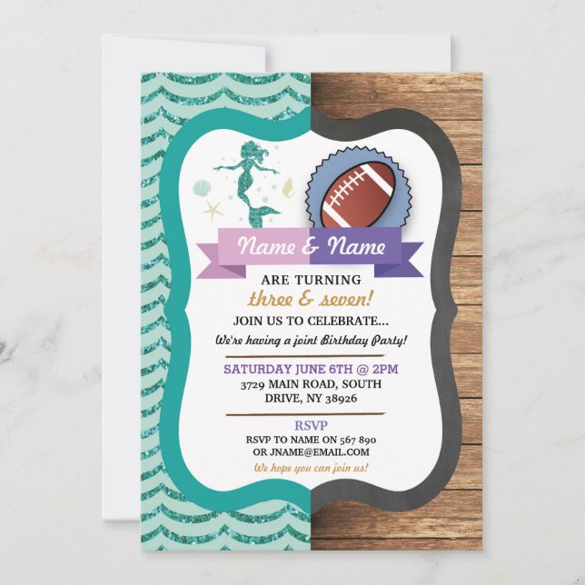 Mermaid & Football Joint Boy Girl Birthday Invites Einladung (Vorderseite)