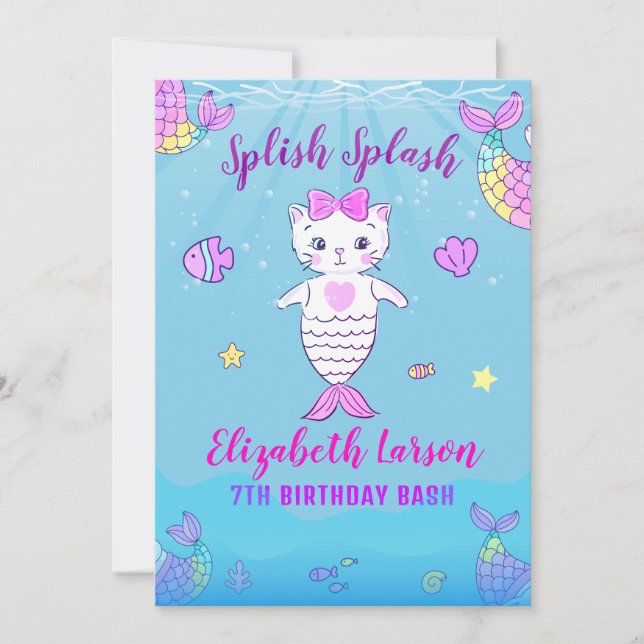 Mermaid Funny Kitty Purr Haushaltshilfe Pool Party Einladung (Vorderseite)