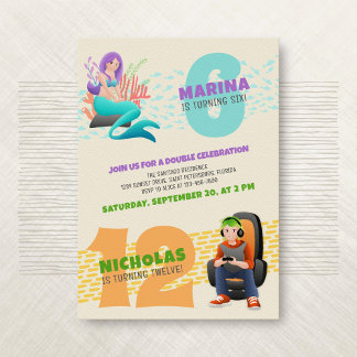 Mermaid Gamer Joint Double Birthday Einladung