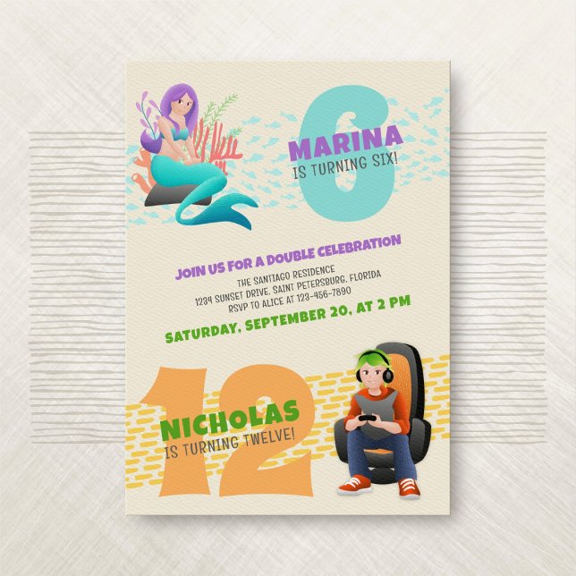 Mermaid Gamer Joint Double Birthday Einladung (Von Creator hochgeladen)