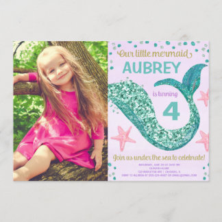 Mermaid Geburtstag rosa lila aquamariner Glitzer F Einladung
