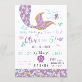 Mermaid Geburtstagsparty Einladung Lila & Gold
