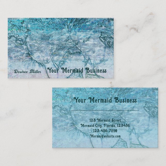 Mermaid Girl Aquamarin Green Blue Nautical Ocean W Visitenkarte (Vorne/Hinten)