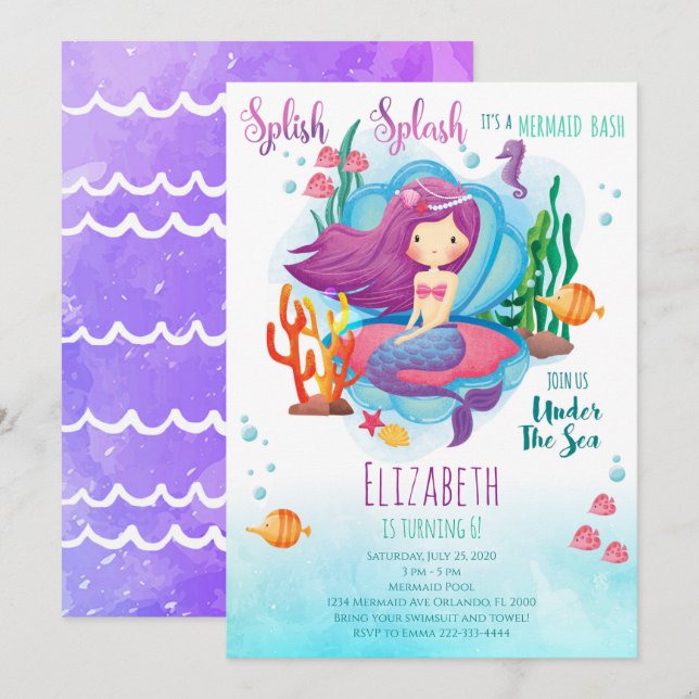 Mermaid Girl Birthday Einladung (Vorne/Hinten)