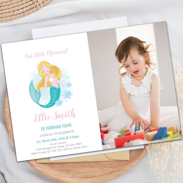 Mermaid Girl Birthday Einladung mit Foto (Mermaid Girl Birthday Invitations with photo)