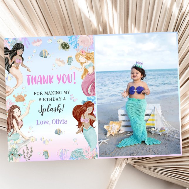 Mermaid Girl Birthday Party Foto Dankeskarte (Von Creator hochgeladen)