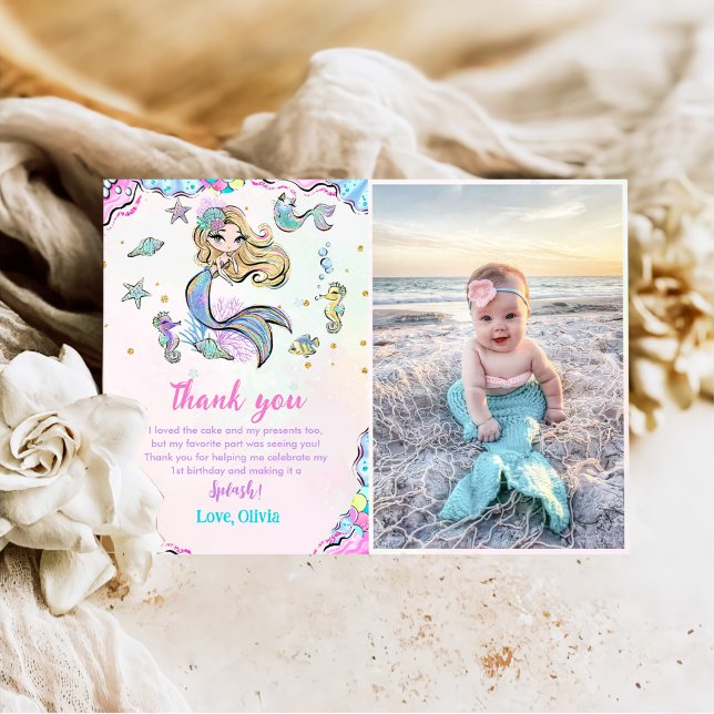 Mermaid Girl Birthday Party Foto Dankeskarte (Von Creator hochgeladen)