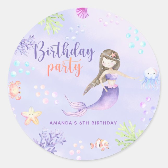 Mermaid Girl Birthday Party Runder Aufkleber (Vorderseite)