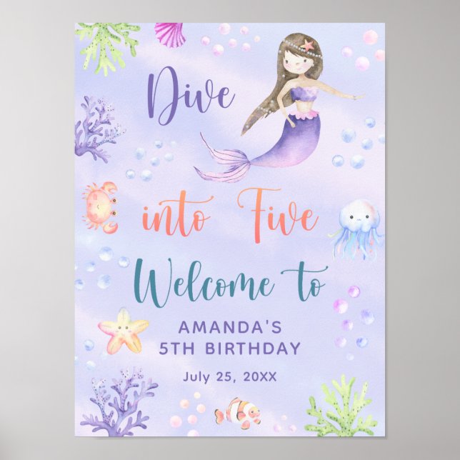 Mermaid Girl Dive in Five Birthday Party Willkomme Poster (Vorne)