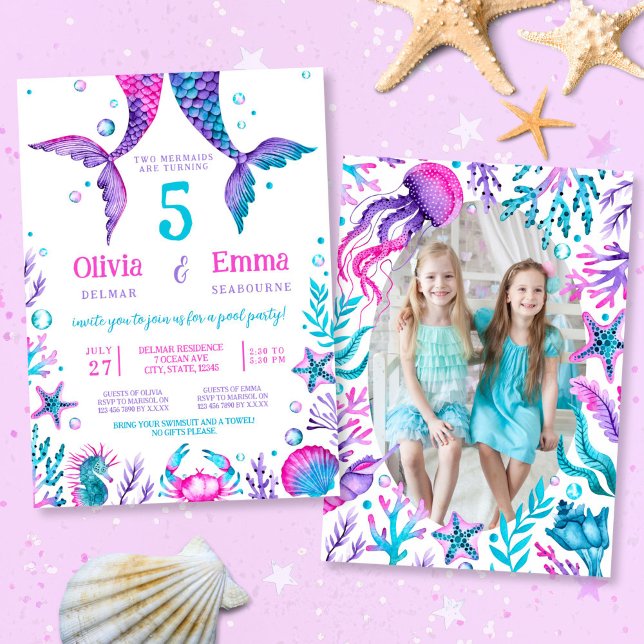 Mermaid Girl Friends Joint Birthday Party Foto Einladung (Mermaid Girl Friends Joint Birthday Party Photo Invitation)