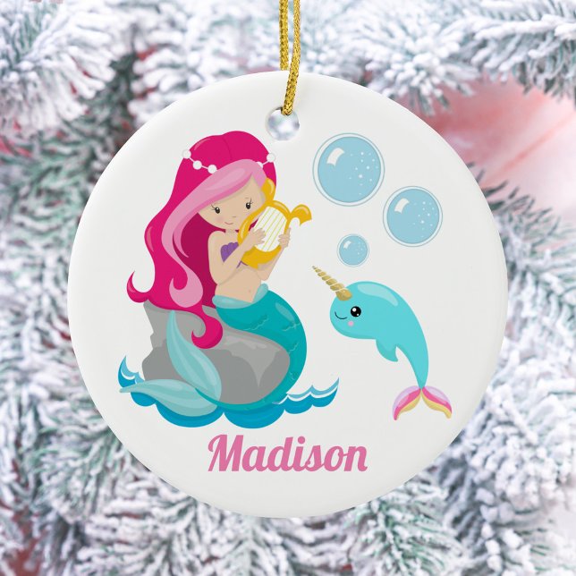 Mermaid Girl Niedlich Beach Narwhal Monogram Kids Keramik Ornament (Von Creator hochgeladen)