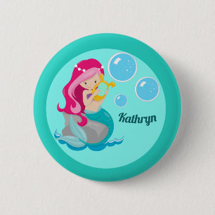 Mermaid Girl Niedlich Custom Aquamarin Monogram Ki Button