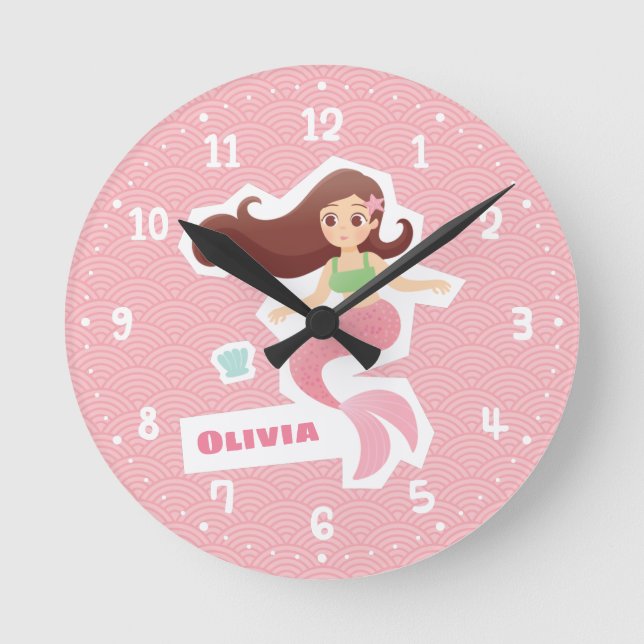 Mermaid Girl Pink Wave Muster Wand Uhr (Vorderseite)