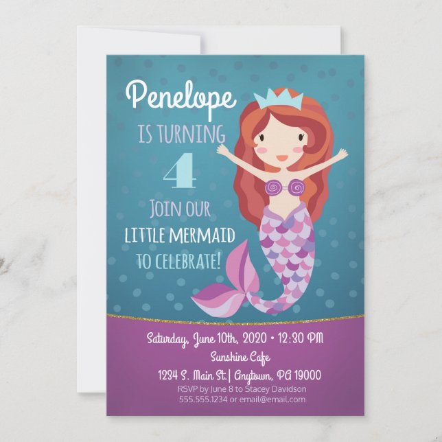 Mermaid Girls Geburtstag Einladung Lila Whimsical (Vorderseite)