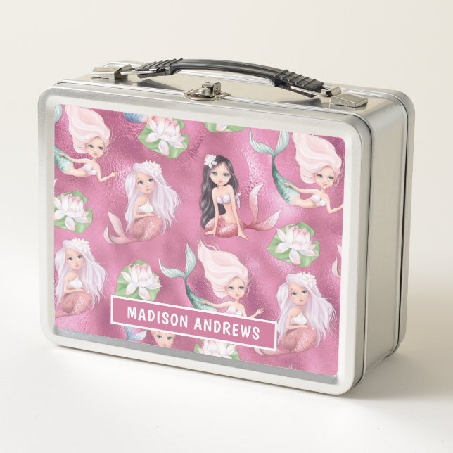 Mermaid Girly Chic Metallic Pink Personalisierter  Metall Brotdose (Vorderseite)