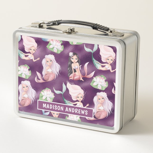Mermaid Girly Metallic Lila Personalisierter Name Metall Brotdose (Vorderseite)