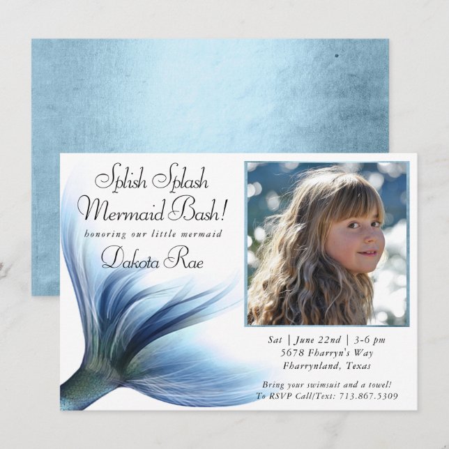 Mermaid Glam | Dusty Ice Blue Foto Splash Einladung (Vorne/Hinten)