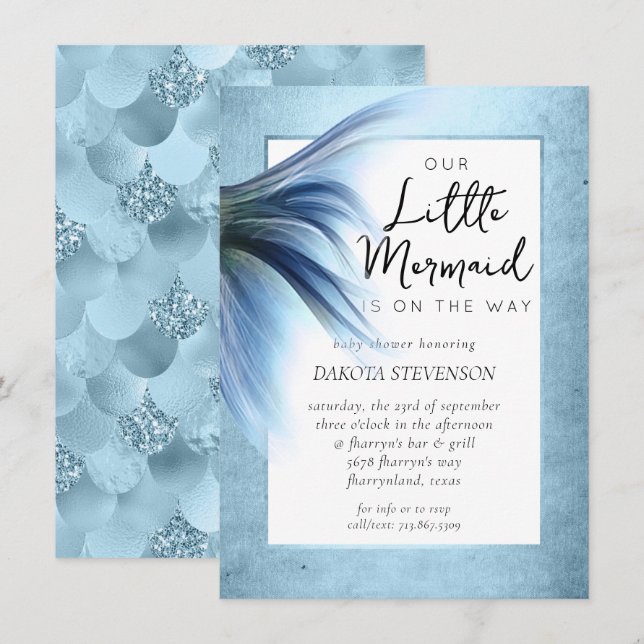 Mermaid Glam Schwanz | Dusty Ice Blue Luster Dusch Einladung (Vorne/Hinten)