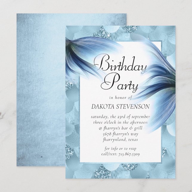 Mermaid Glam Schwanz | Dusty Ice Blue Luster Gebur Einladung (Vorne/Hinten)