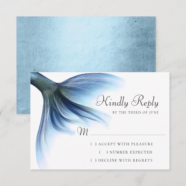 Mermaid Glam Schwanz | Dusty Ice Blue Luster Sheen RSVP Karte (Vorne/Hinten)
