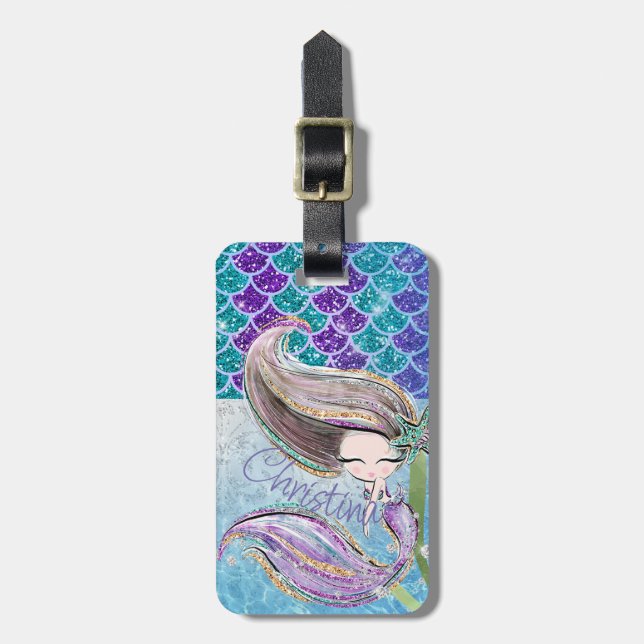 Mermaid-Glitzer-Illustration mit Schwanz-Skala Gepäckanhänger (Vorderseite vertikal)