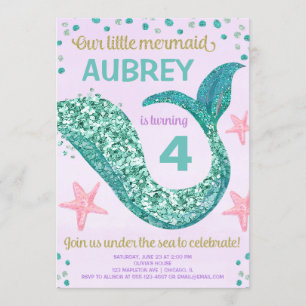 Mermaid Glitzer Schwanz rosa lila aquamariner Gebu Einladung
