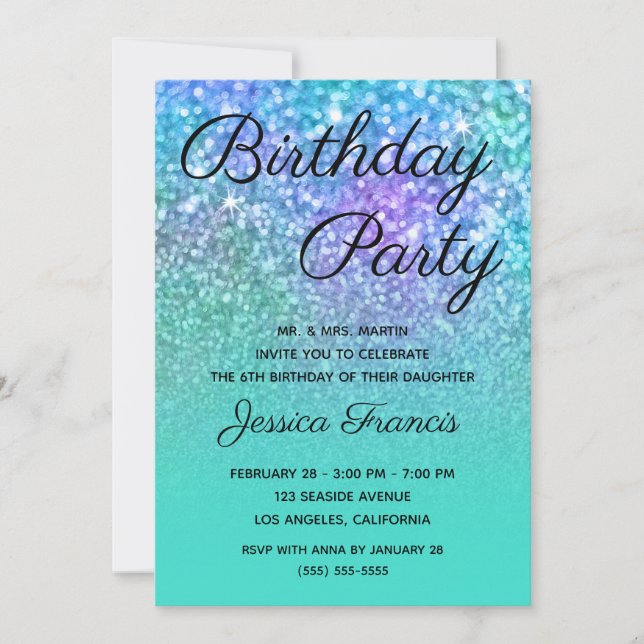 Mermaid Glitzer Turquoise Blue Ombre Birthday Einladung (Vorderseite)