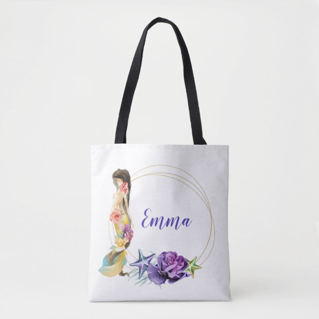 Mermaid Gold Frame Floral Personalisiert Monogramm Tasche (Vorderseite)