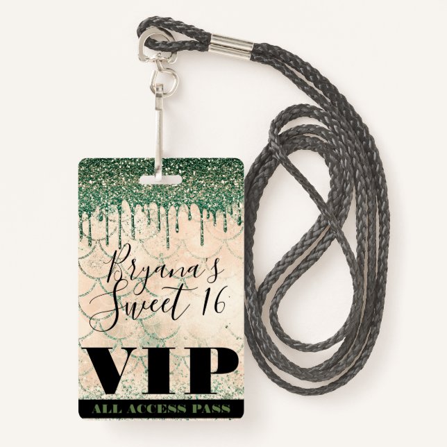 Mermaid Green Peach Glitzer Tropfen Sweet 16 VIP P Ausweis (Vorderseite mit Schlüsselband)