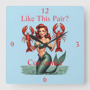 Mermaid Holding Lobsters Thunder_Cove Quadratische Wanduhr