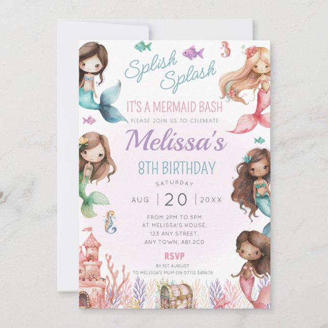 Mermaid Invitation de fête d'anniversaire Splish S (Devant)