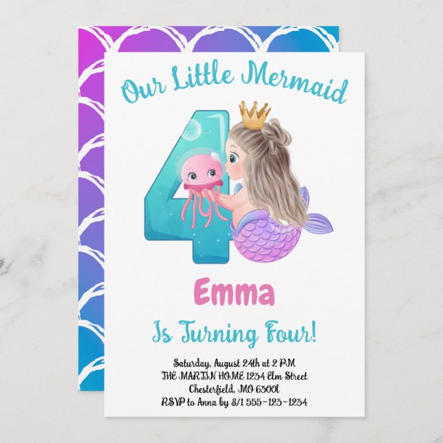 Mermaid Invitation de fête de 4e anniversaire (Devant / Derrière)