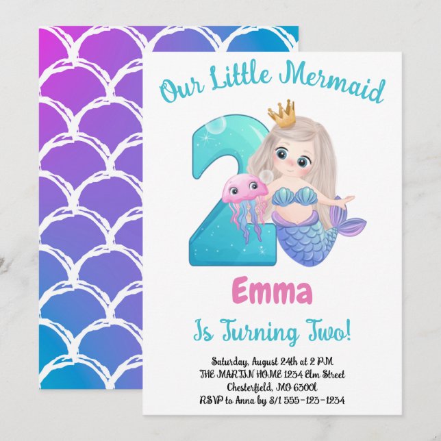 Mermaid Invitation de fête du 2e anniversaire (Devant / Derrière)
