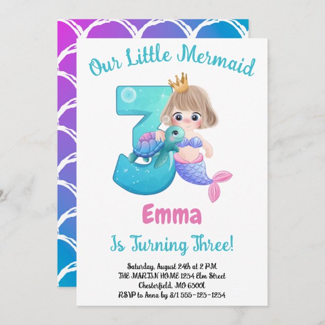 Mermaid Invitation de fête du 3e anniversaire (Devant / Derrière)