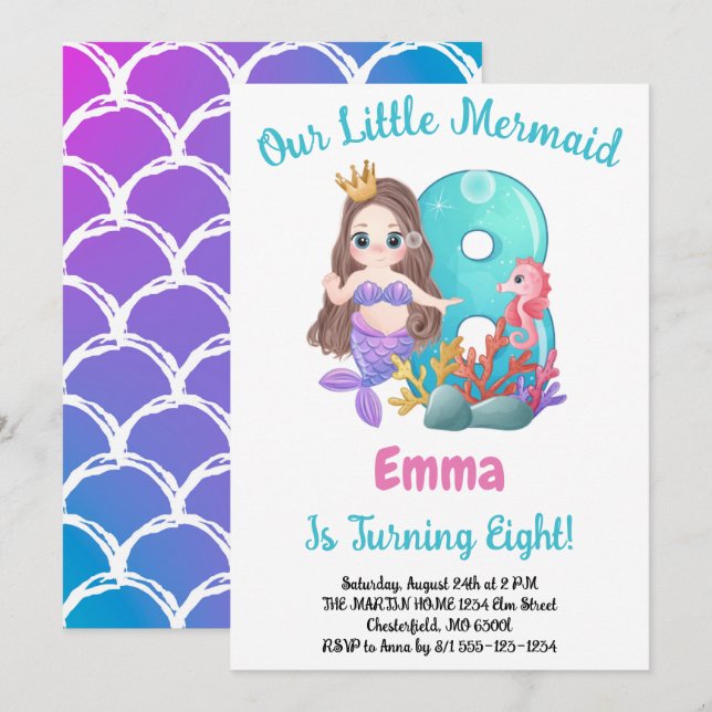 Mermaid Invitation de fête du 8e anniversaire (Devant / Derrière)