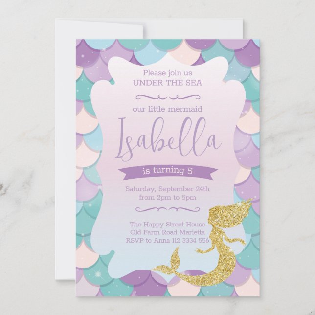 Mermaid Invitation for Birthday Party Gold Glitter Einladung (Vorderseite)