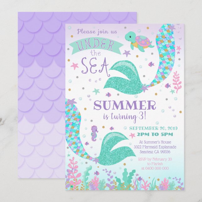 Mermaid Invitation, Mädchen unter dem Meer Einladu Einladung (Vorne/Hinten)