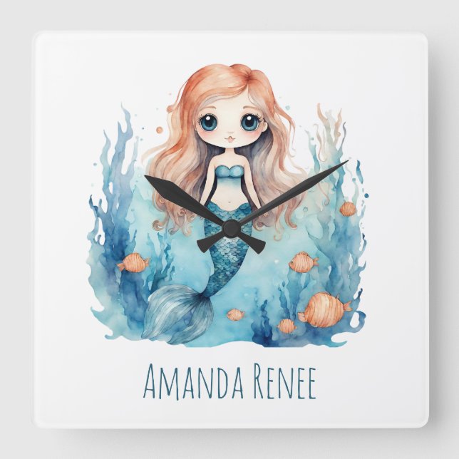Mermaid Kids Baby Kinderzimmer Clock Quadratische Wanduhr (Vorderseite)