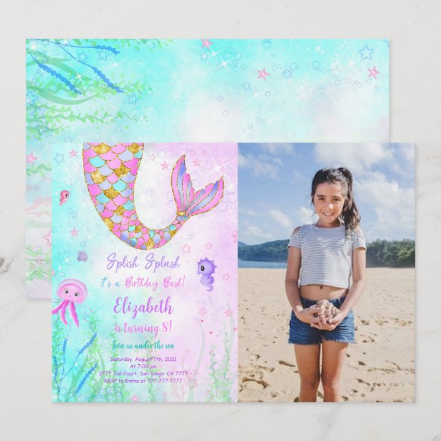 Mermaid Kindergeburtstag Foto Einladung (Vorne/Hinten)