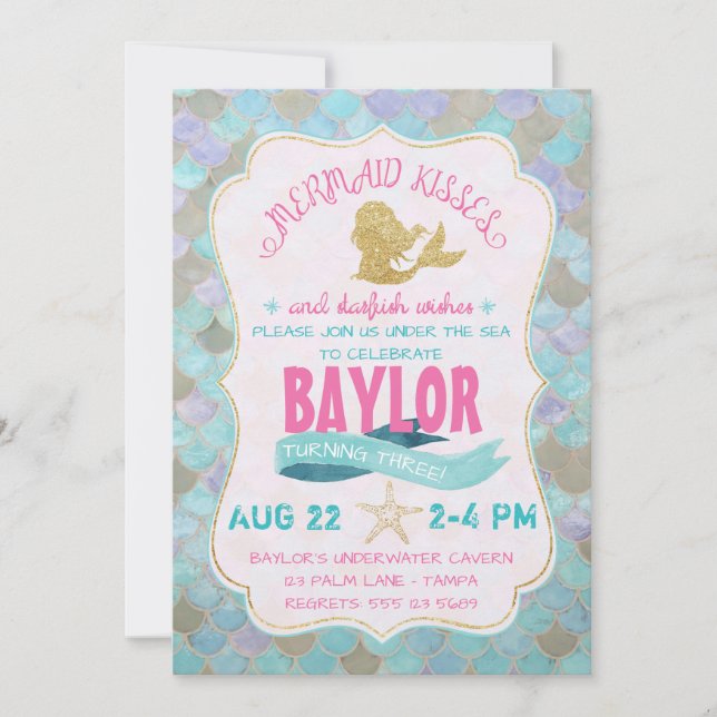 Mermaid Kisses Invitation d'anniversaire (Devant)