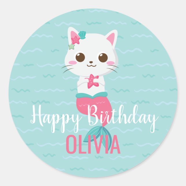 Mermaid Kitty Birthday Party Runder Aufkleber (Vorderseite)