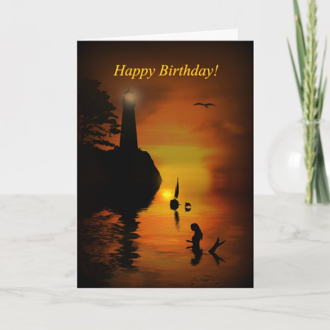 Mermaid Lighthouse Dolphin Sailboat Happy Geburtst Karte (Vorderseite)