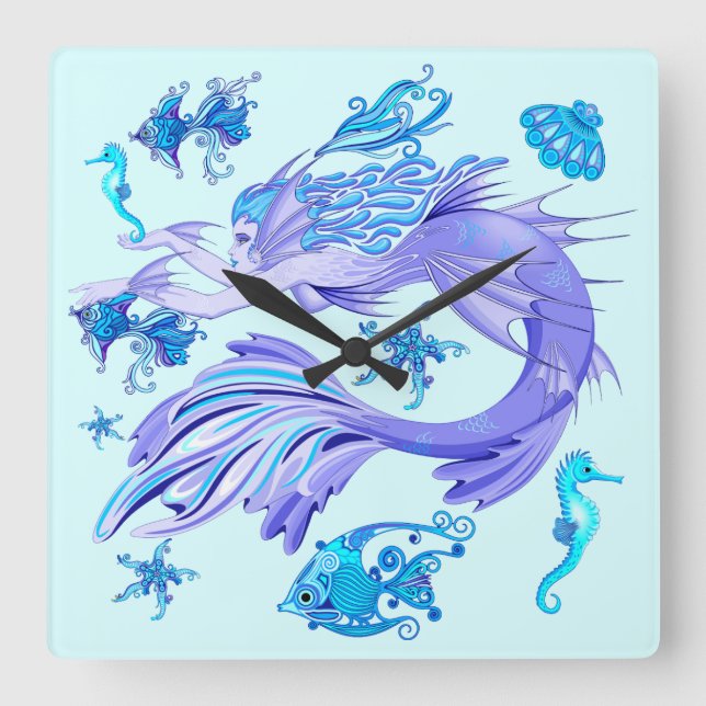 Mermaid Lila Fairy Creation Quadratische Wanduhr (Vorderseite)