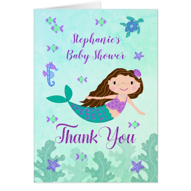 Mermaid Lila Glitzer Baby Dusche Vielen Dank (Vorne)