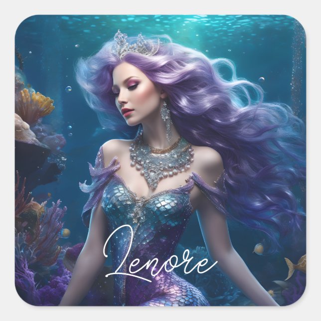 Mermaid Lila Hair Quadratischer Aufkleber (Vorderseite)