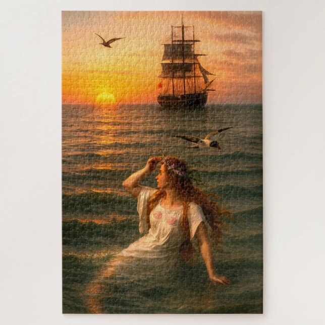 Mermaid Looking At Sailing Ship At Sunset (Vertikal)