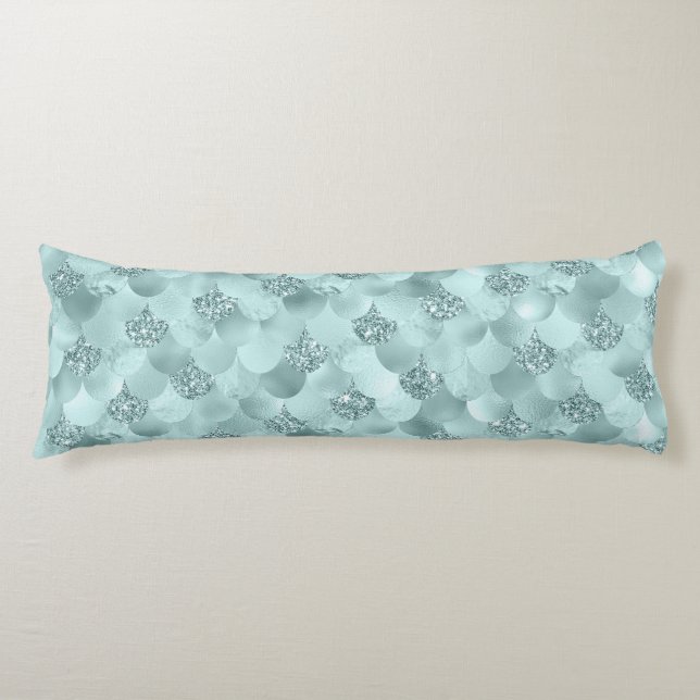 Mermaid Luxe Scale | Sea Mint Green Aqua Sheen Seitenschläferkissen (Vorderseite)