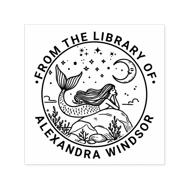 Mermaid Lying on Rocks, Moon Library Book Name Permastempel (Design)
