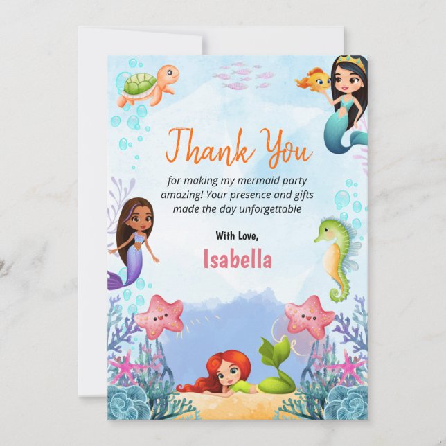 Mermaid Magical Birthday Girl Vielen Dank Flachkar Dankeskarte (Vorderseite)