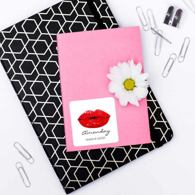 Mermaid Makeup Artist Red Lips Name Bridal Quadratischer Aufkleber (Von Creator hochgeladen)